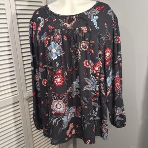LOFT Plus Mixed Media Long Sleeve Floral Blouse